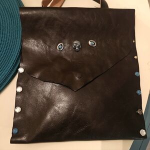 PABLO LEATHER SKULL POUCH, Brown Leather & Turquoise Skull Handbag, Satchel